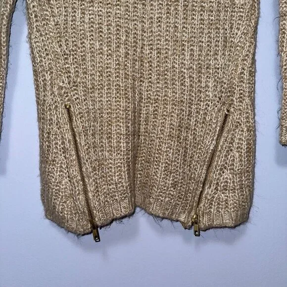 Women's Chunky Knit Sweater Medium Beige Gold Zipper Scoop Neck Long Sleeve Top - Picture 2 of 4